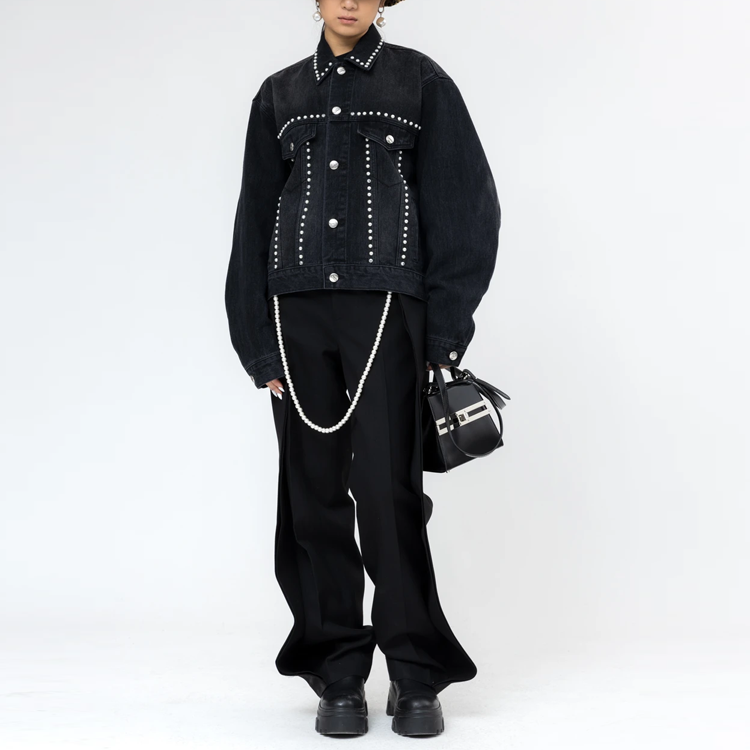 WE11DONE Unisex Black Pearl-Embellished Denim Jacket WD-DJ9-20-061-U-BK 圖 5