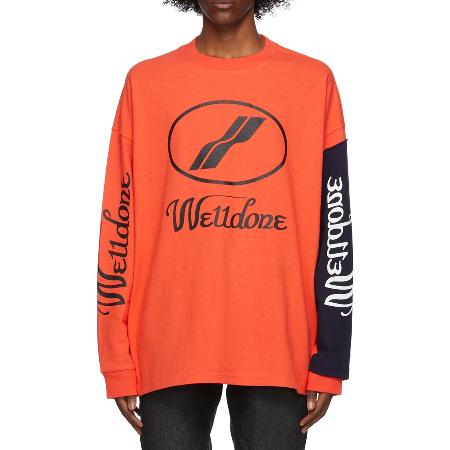 Lookbook WE11DONE 男女皆宜橙色拼接標誌設計長袖T恤 WD-TP7-20-083-U-OR