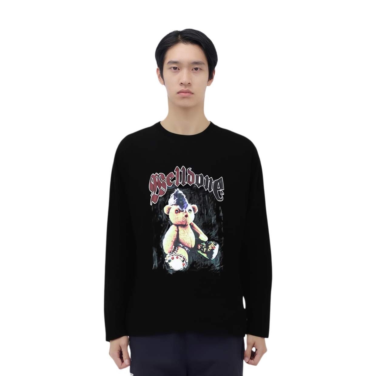 Shop WE11DONE 男女寬鬆版印花長袖T恤 黑色 WD-TT0-25-748-U-BK