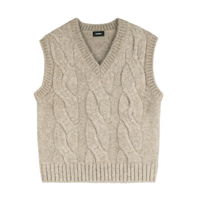 WE11DONE V-Neck Cable Knit Sleeveless Vest Unisex Camel Color WD-KV8-20-090-U-BG