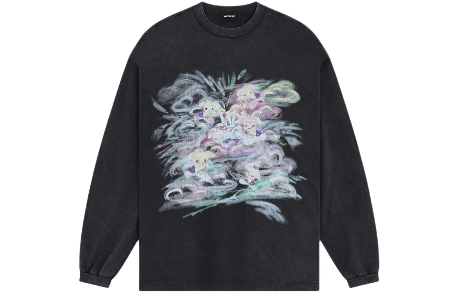 WE11DONE Washed Graphic Print Oversized Ribbed Long Sleeve Tee Black Unisex SS24 WD-TT0-24-727-U-BK