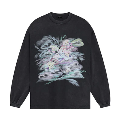 WE11DONE Washed Graphic Print Oversized Ribbed Long Sleeve Tee Black Unisex SS24 WD-TT0-24-727-U-BK