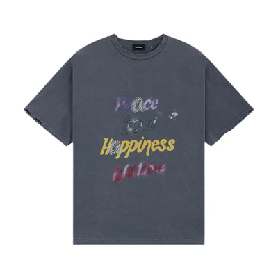 WE11DONE Washed Vintage Logo Printed Unisex Charcoal Ribbed Crewneck T-Shirt WD-TT0-24-705-U-CH