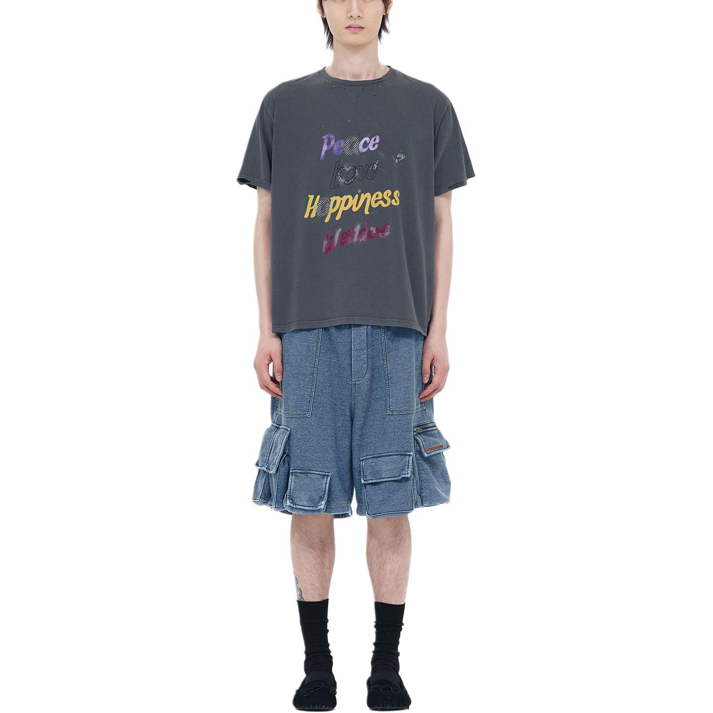 Shop WE11DONE Washed Vintage Logo Printed Unisex Charcoal Ribbed Crewneck T-Shirt WD-TT0-24-705-U-CH