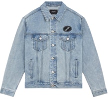 WE11DONE Washed Vintage Unisex Oversized Logo Denim Jacket - Fall Collection. WD-DJ4-20-017-U-ICE WE11DONE Washed Vintage Unisex Oversized Logo Denim Jacket - Fall Collection. WD-DJ4-20-017-U-ICE