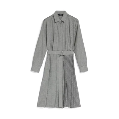 WEEKEND MaxMara Plaid Stripe Belted Shirt Dress Long Sleeve Gray 5221093706