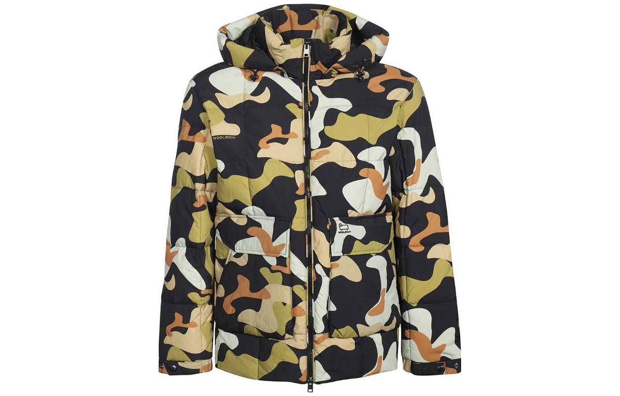 WOOLRICH Green Full-Zip Hooded Down Jacket with All-Over Print. CFWOOU0598MRUT30786576