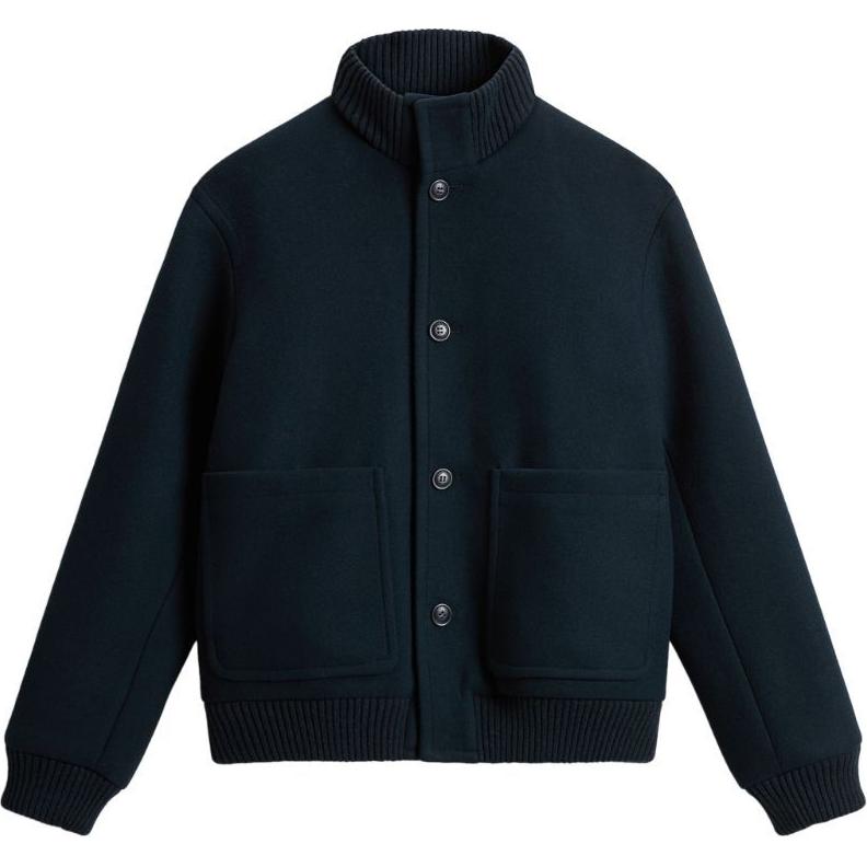 WOOLRICH SS24 Navy Blue Solid High-Neck Button-Up Bomber Jacket. CFWOOU0978MRUT3798-NAVYBLUE