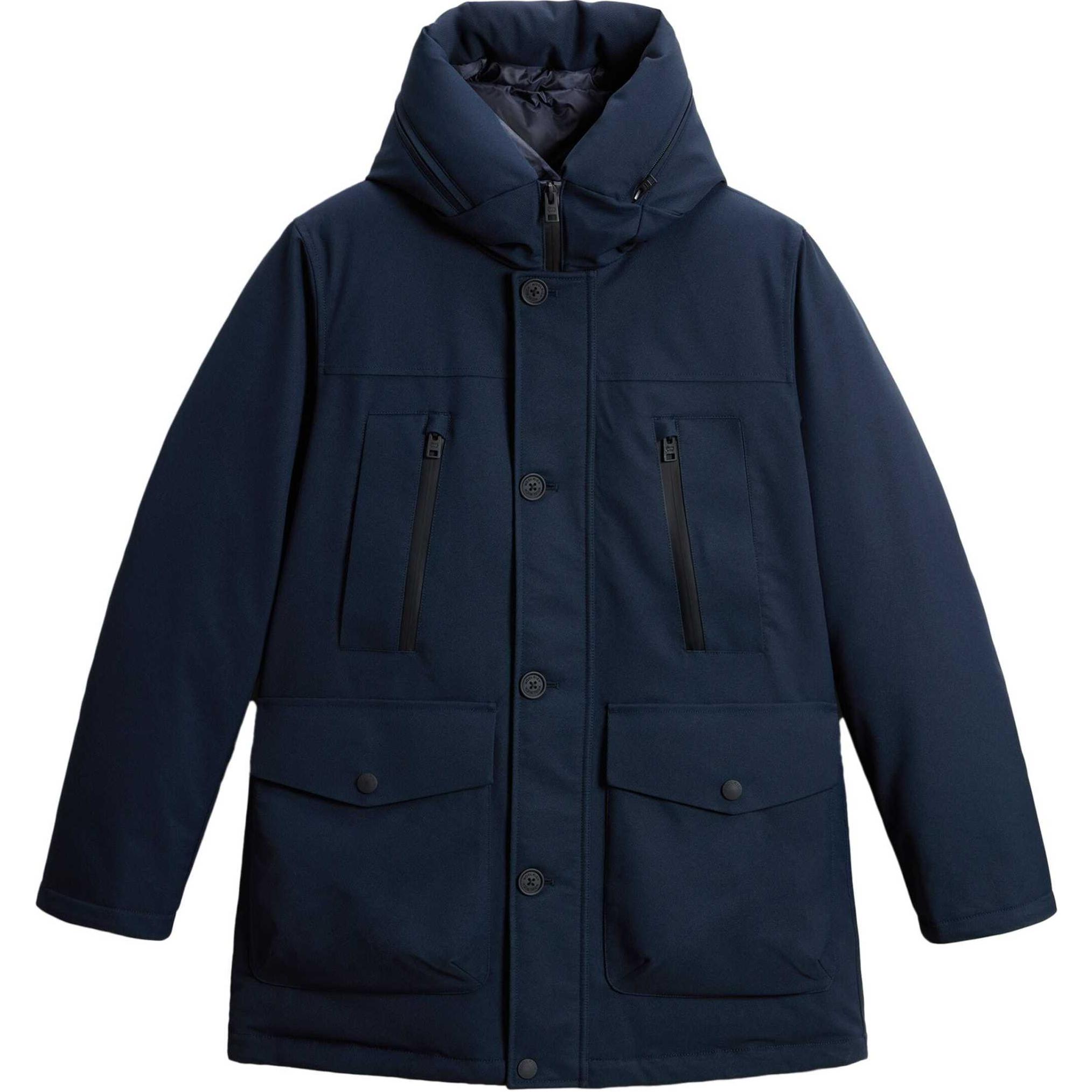 WOOLRICH SS24 Navy Logo Print Hooded Jacket with Button Closure CFWOOU0931MRUT3735-NAVYBLUE