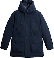 WOOLRICH SS24 Navy Logo Print Hooded Jacket with Button Closure CFWOOU0931MRUT3735-NAVYBLUE WOOLRICH SS24 Navy Logo Print Hooded Jacket with Button Closure CFWOOU0931MRUT3735-NAVYBLUE