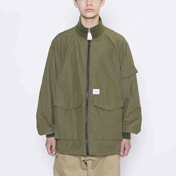 Sizing WTAPS Military Green Loose-Fit Stand Collar Jacket with Large Pockets. 202TQDT-JKM01
