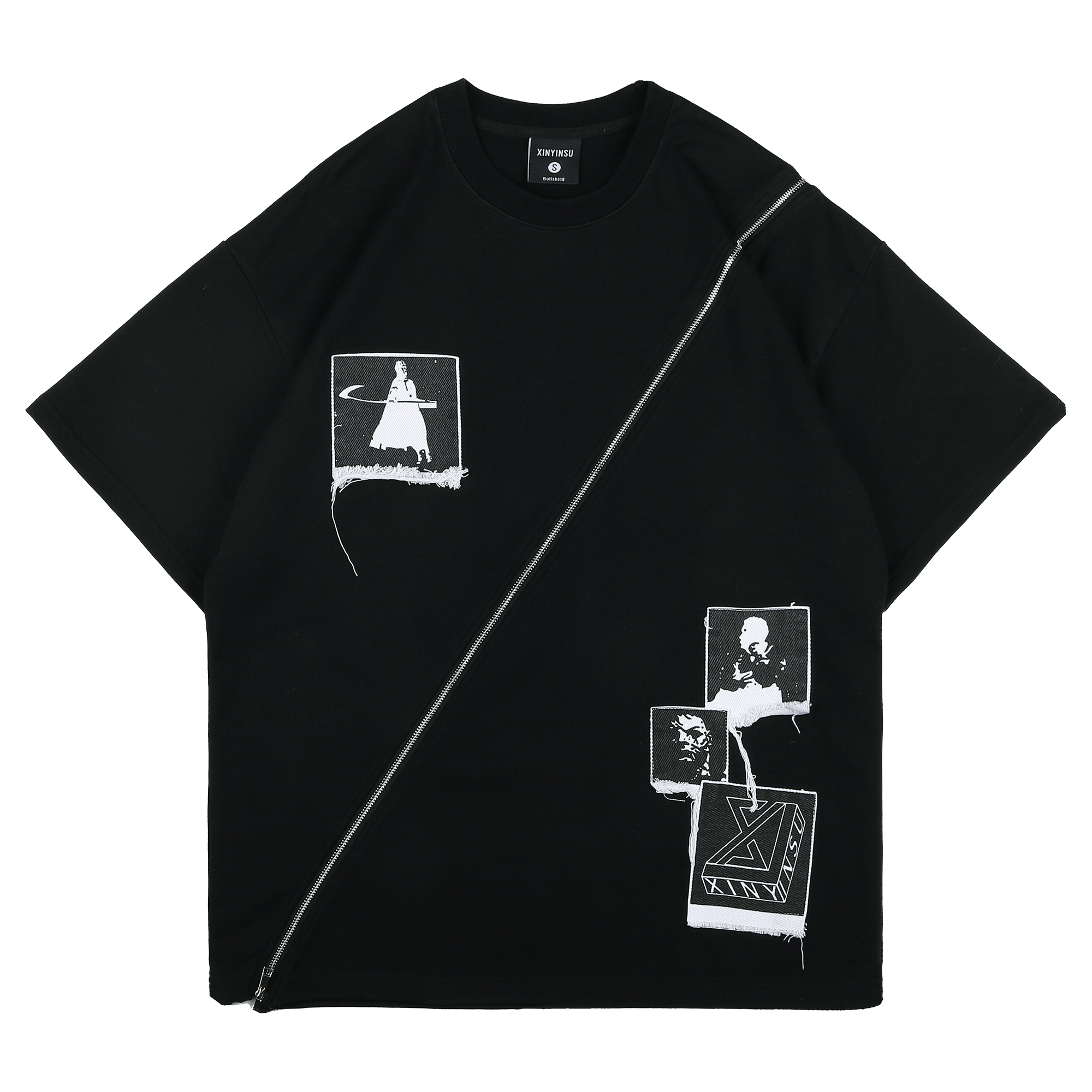 XINYINSU Crewneck Short Sleeve T-Shirt with Angled Zipper Patch - Unisex X8190