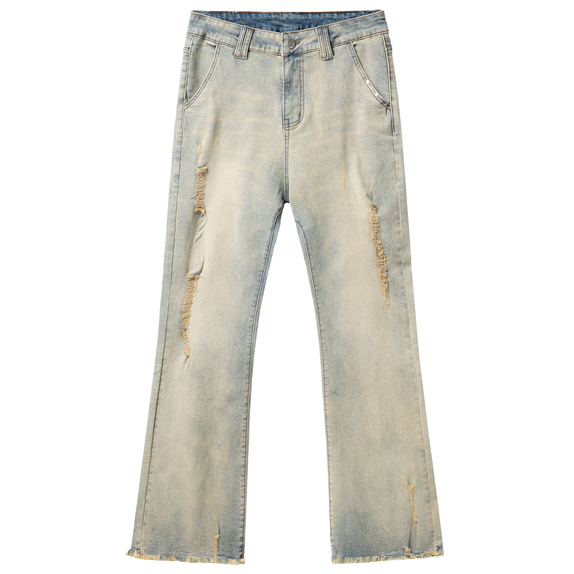 XINYINSU Distressed Flared Jeans with Washed Yellow Mud Color-Unisex Design X92052
