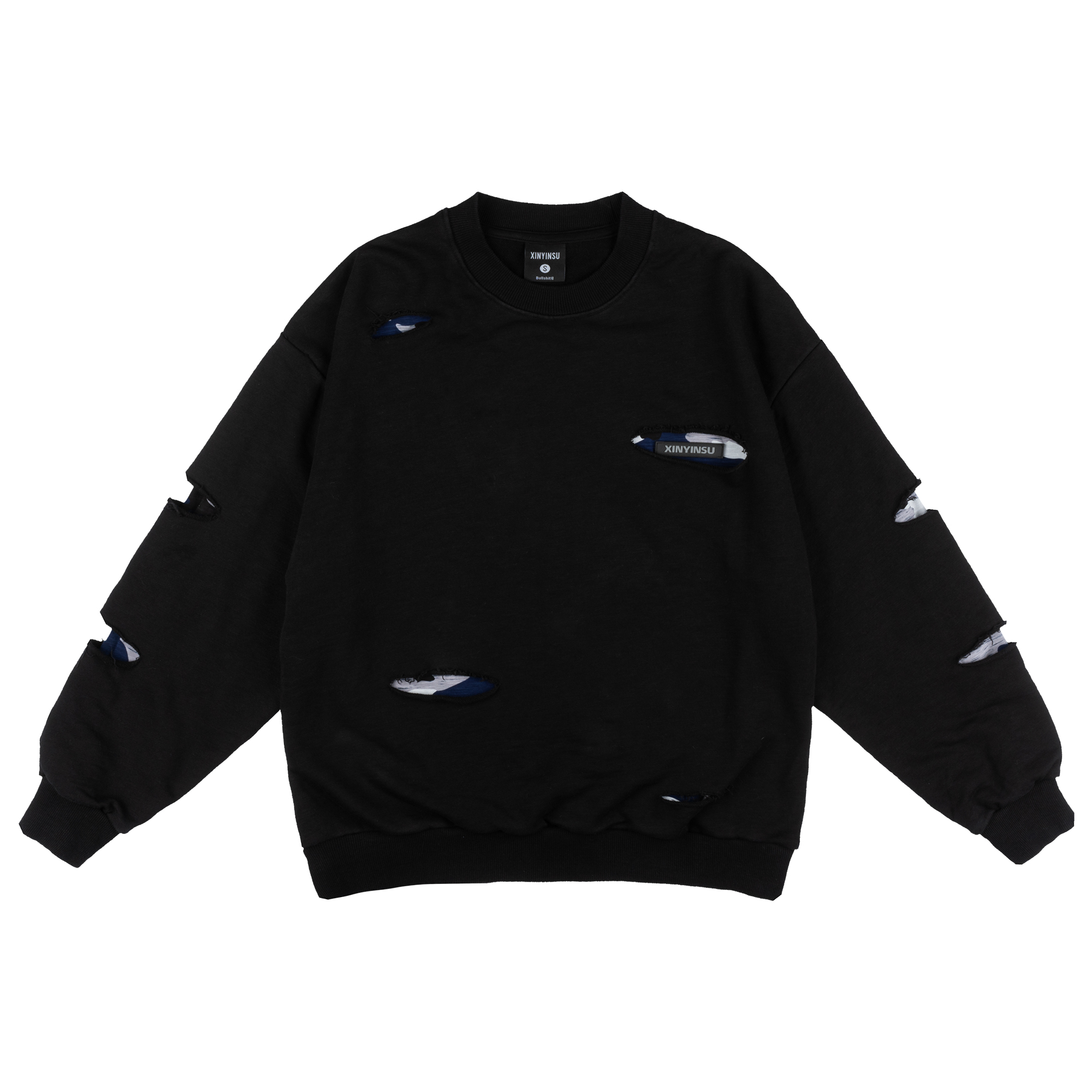 XINYINSU Hiphop Distressed Layered Crewneck Long Sleeve Sweatshirt Unisex X8273