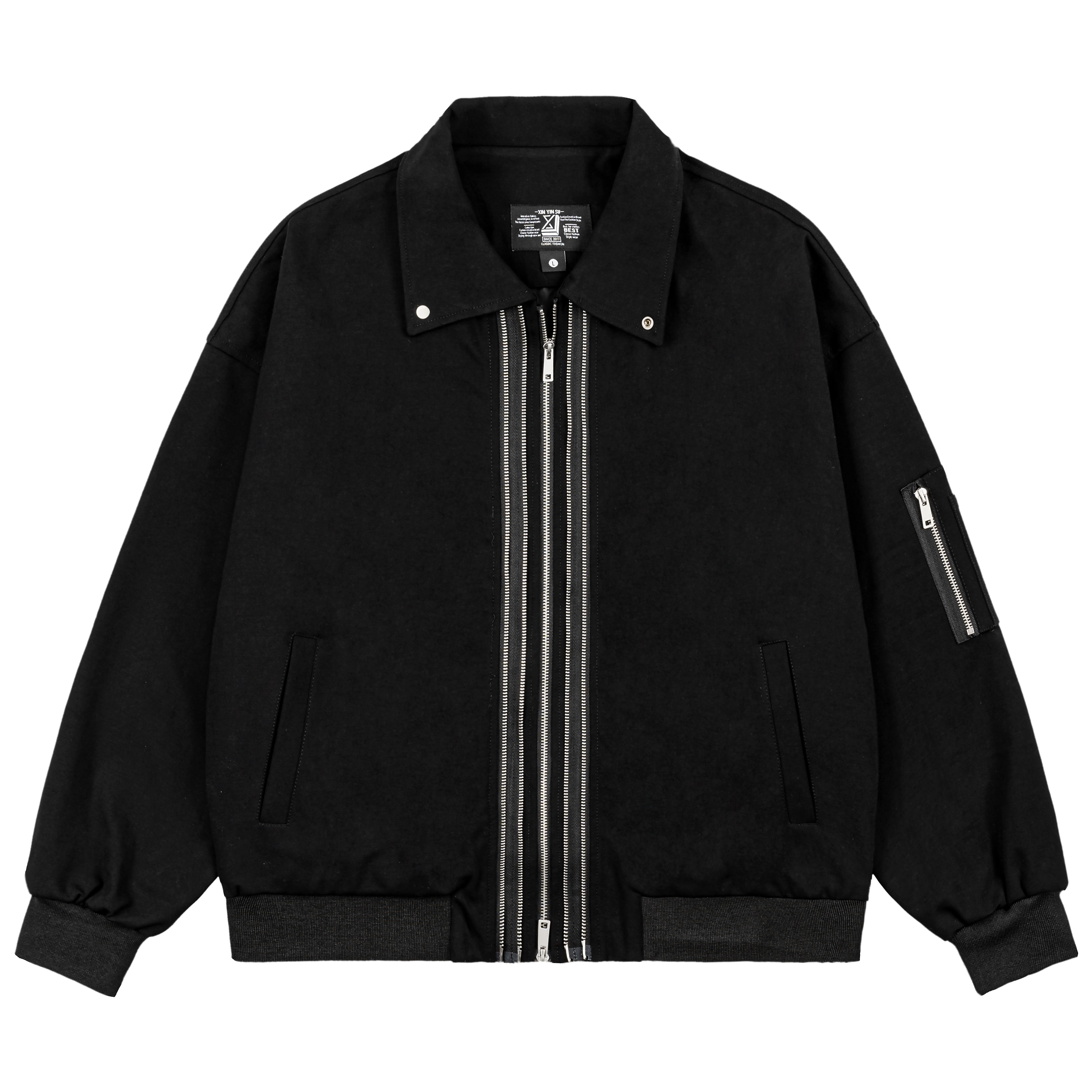 XINYINSU Multi-Zip Loose Harrington Cotton Jacket Unisex Black X7237