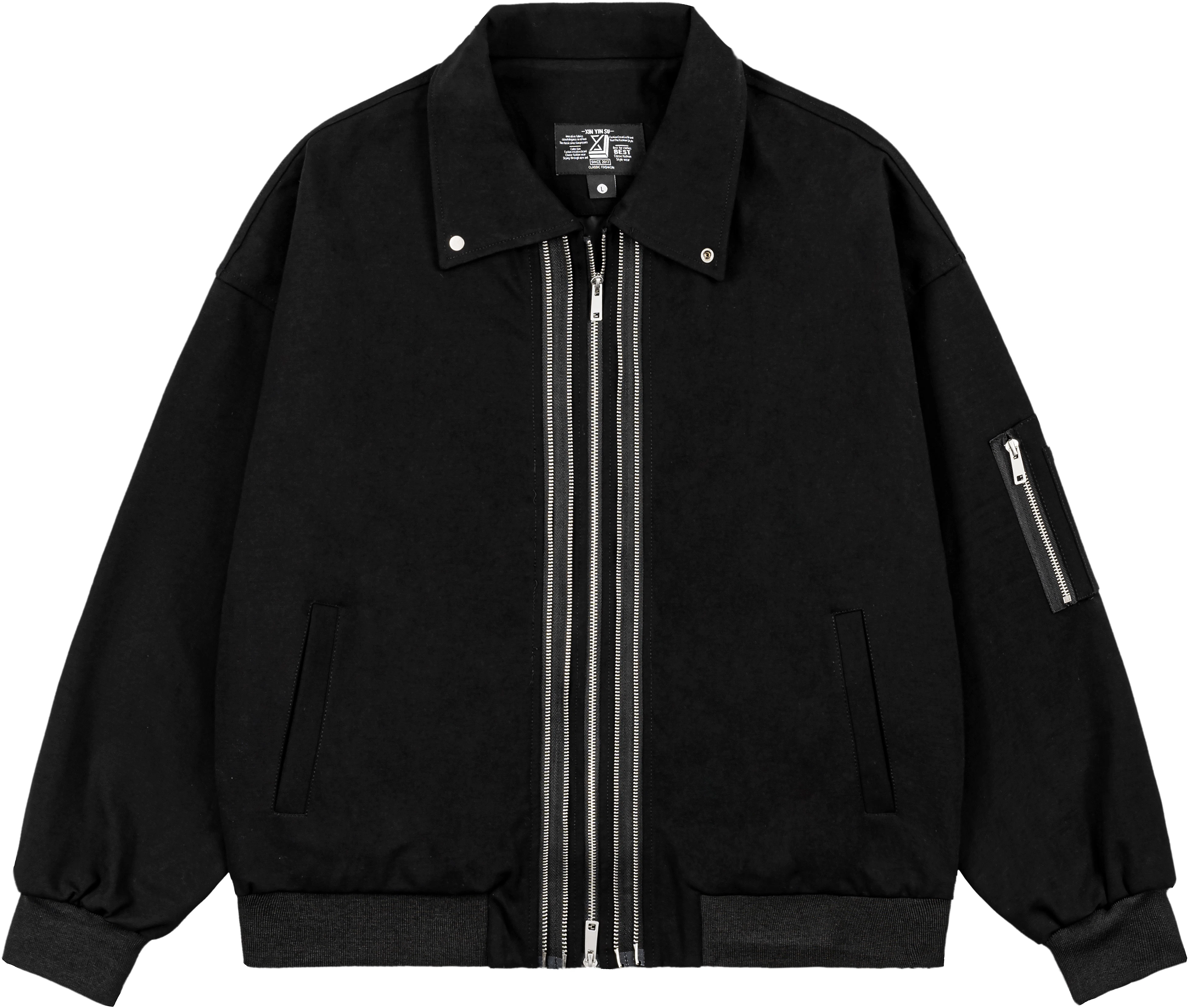 xinyinsu-multi-zip-loose-harrington-cotton-jacket-unisex-black-x7237