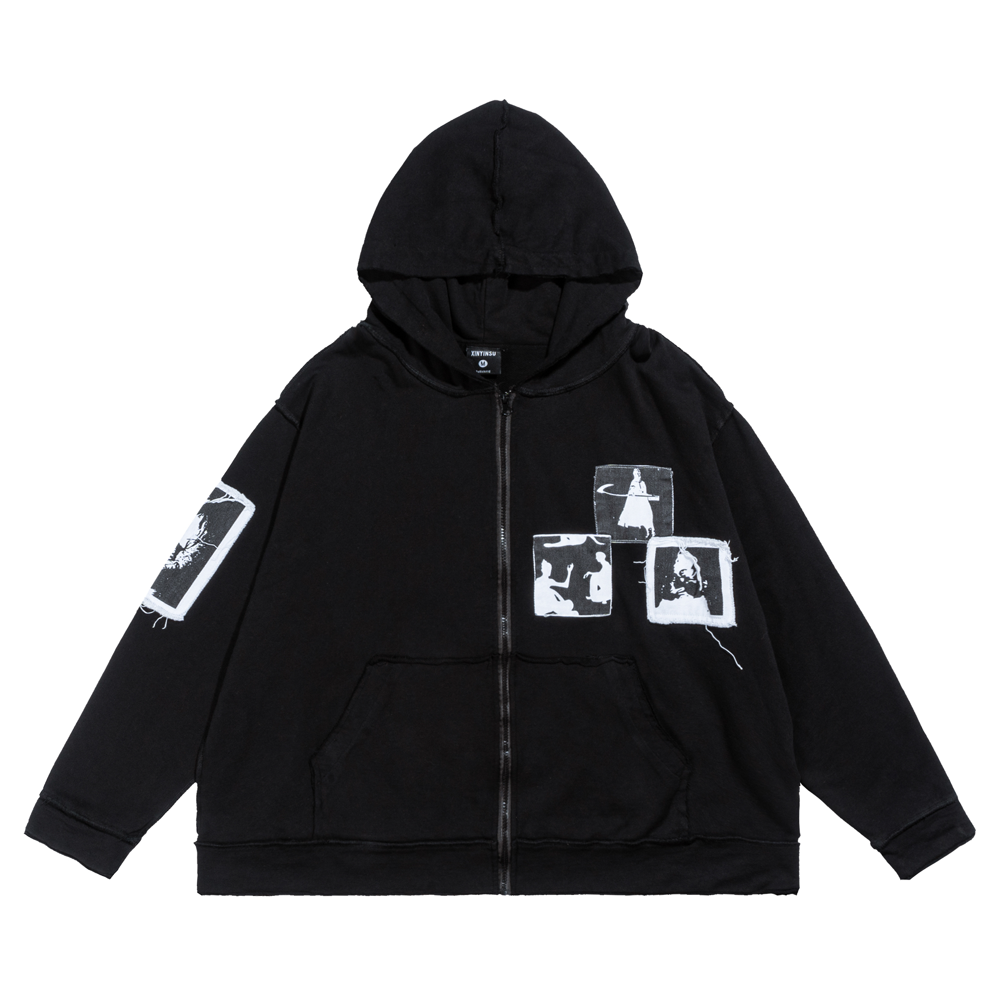 XINYINSU Patchwork Portrait Loose Fit Zip Hoodie Unisex. X7035