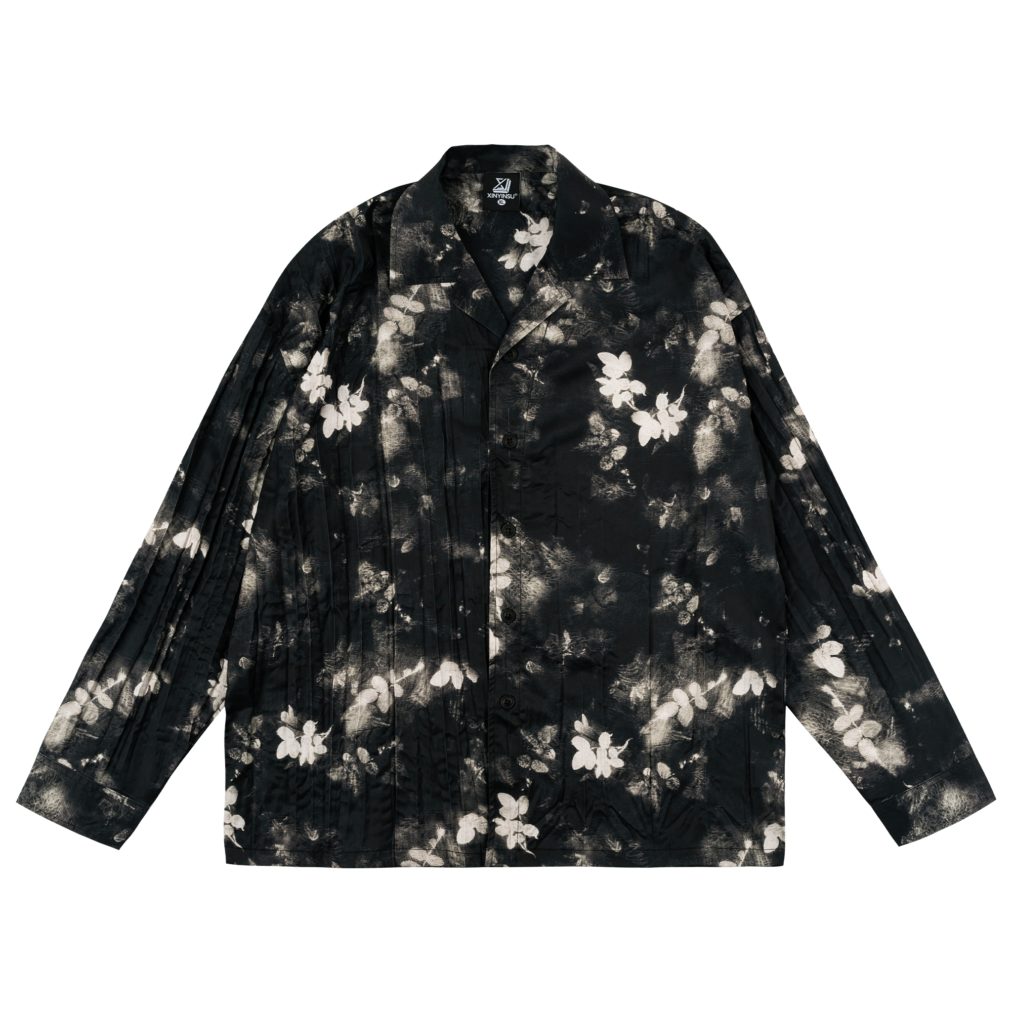XINYINSU Retro Floral Loose Fit Unisex Hawaiian Long Sleeve Shirt Black X97022