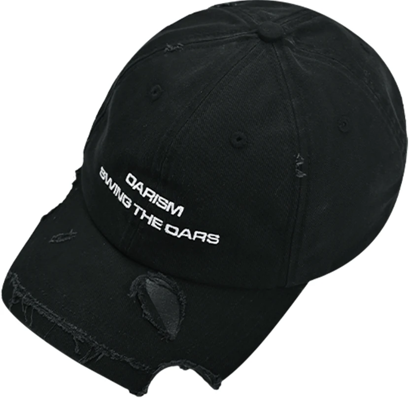 xotic-hsw-x-oarism-distressed-black-cotton-curved-brim-cap-unisex-oar-aw-22-h001