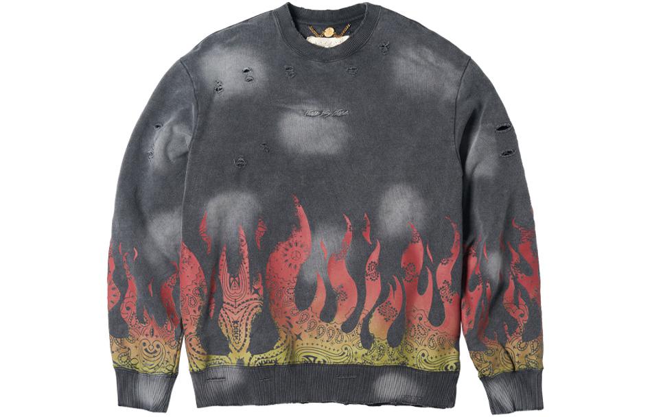 xVESSEL FW22 Distressed Flame Print Crewneck Sweatshirt Unisex Grey Y22X211B