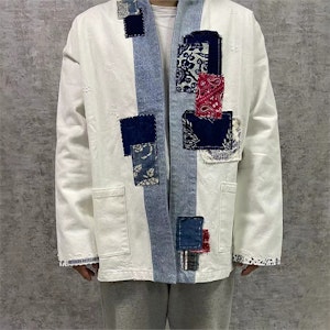xVESSEL ホワイト パッチワーク ローブ ジャケット ユニセックス カジュアルアウター ホワイト Y20X613W Shop xVESSEL ホワイト パッチワーク ローブ ジャケット ユニセックス カジュアルアウター ホワイト Y20X613W