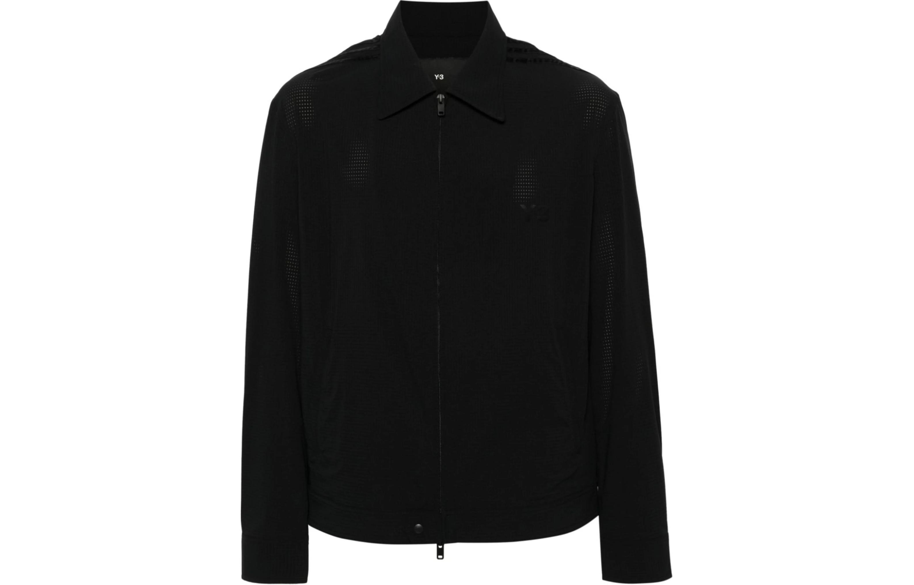 Y-3  Black Glossy Panel Zip-Up Collared Jacket with Long Sleeves. IN4348