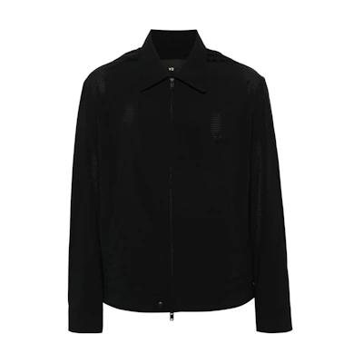 Y-3 Black Glossy Panel Zip-Up Collared Jacket with Long Sleeves. IN4348
