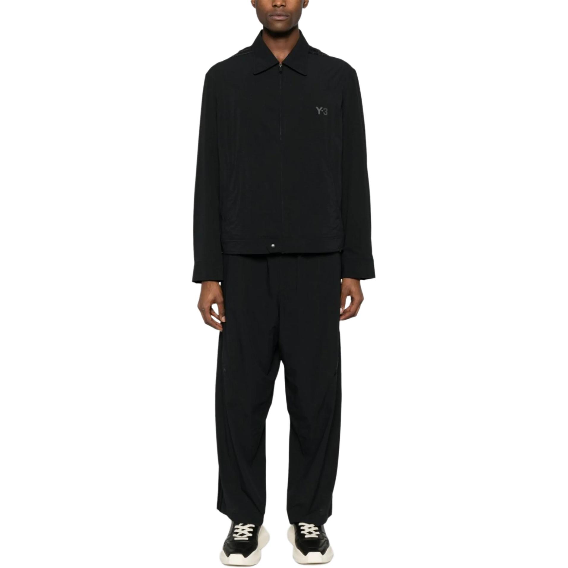 Lookbook Y-3  Black Glossy Panel Zip-Up Collared Jacket with Long Sleeves. IN4348