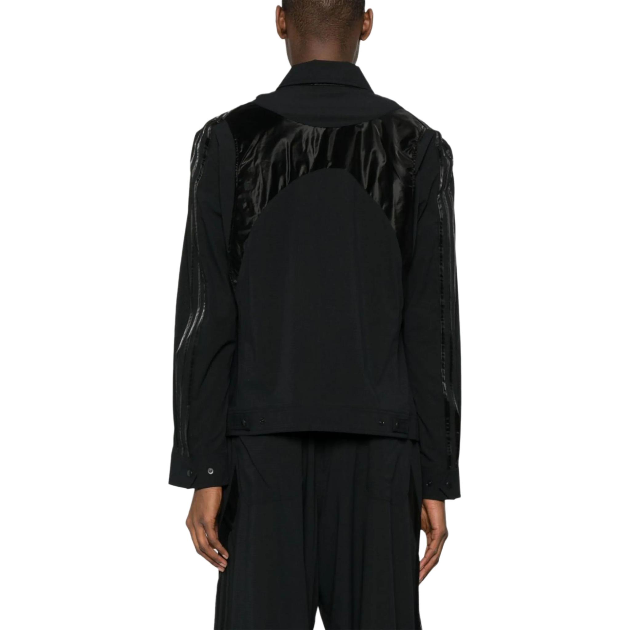 Shop Y-3  Black Glossy Panel Zip-Up Collared Jacket with Long Sleeves. IN4348
