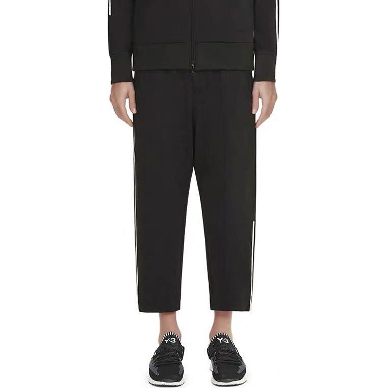 Y-3  Black Loose Fit Cropped Pants with Logo Stripes. DP0555