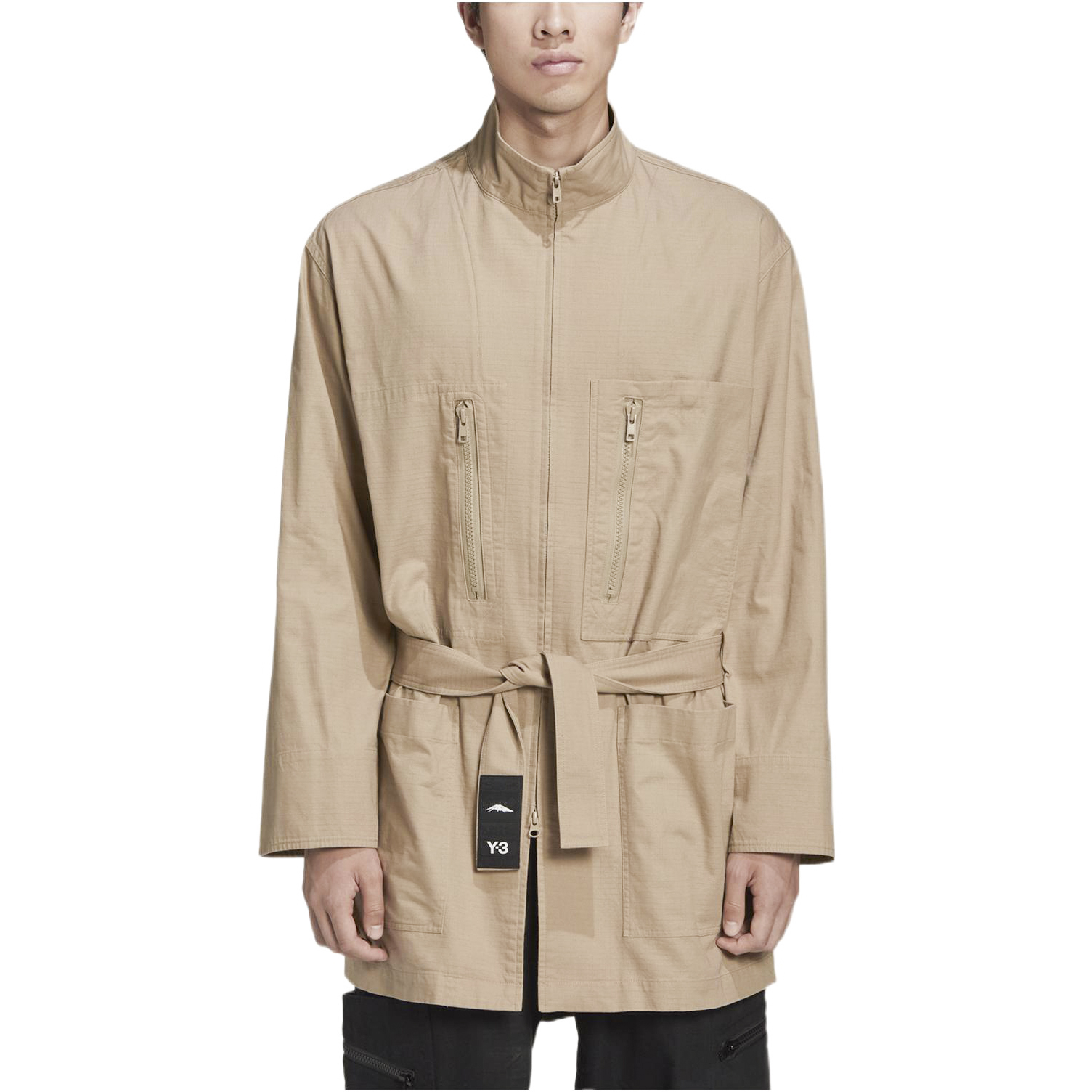 Shop Y-3  Khaki Full-Zip High Collar Jacket with Multi-Zipper Design. GK4796