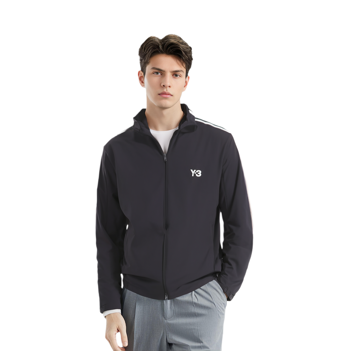 Shop Y-3 Alphanumeric Print Zip-Up Jacket Black  Long Sleeve Outerwear IW7462