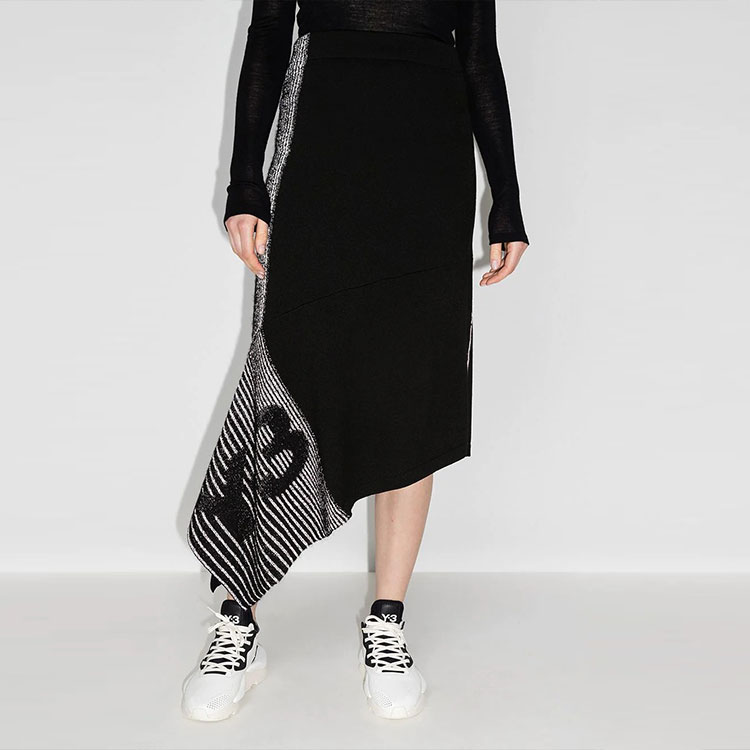 Lookbook Y-3 Black Irregular Reflective Knit Midi Skirt with Logo Design GT5282