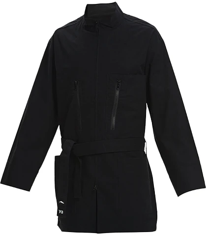 y-3-black-mid-length-stand-collar-casual-waist-tie-jacket-gk-4795