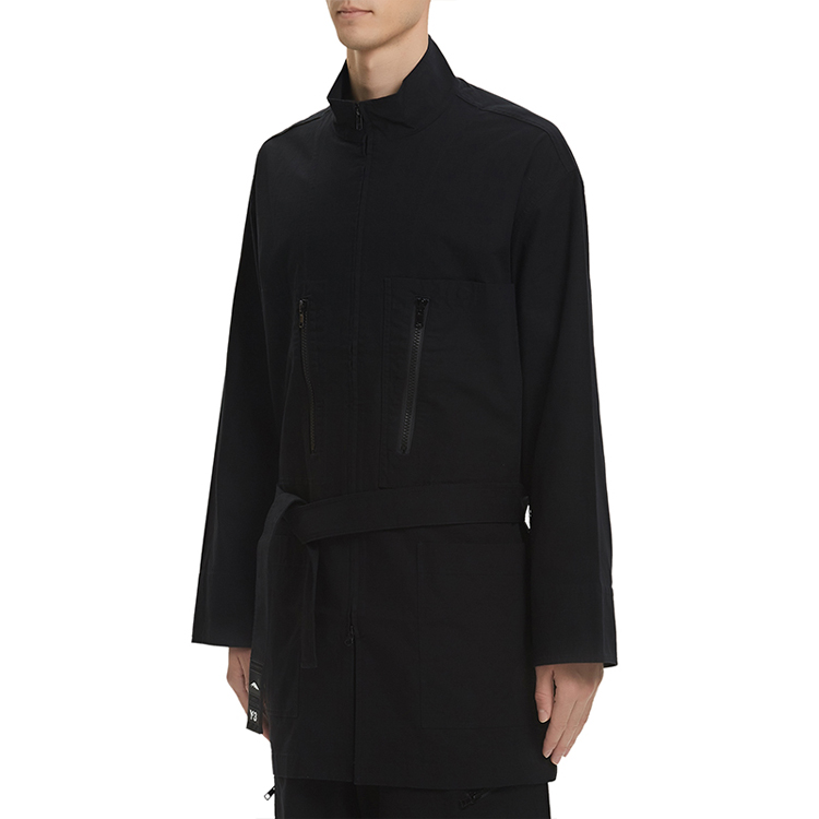 Details for Chaqueta Negra Y-3 de Largo Medio con Cuello Alto y Cinturón Casual. GK4795