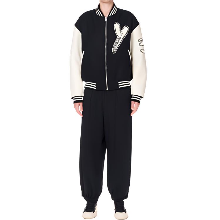 Shop Y-3 Jaket Baseball Unisex Warna Hitam Putih dengan Bordir dan Ritsleting. H44803
