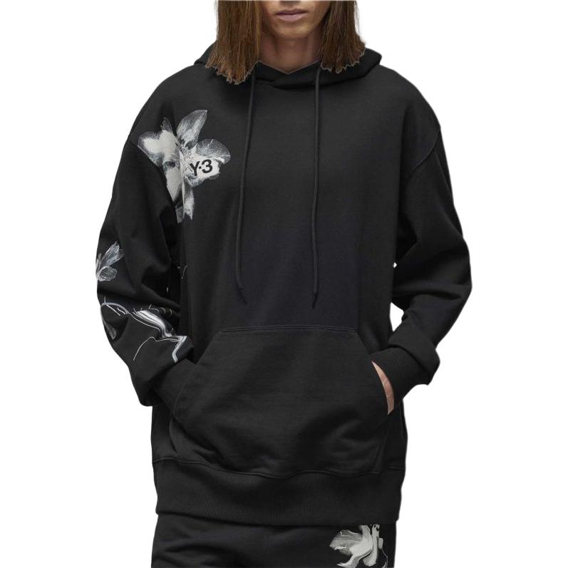 Lookbook Y-3 Floral Print Hoodie Black Long Sleeve Pullover Relaxed Fit IN4335