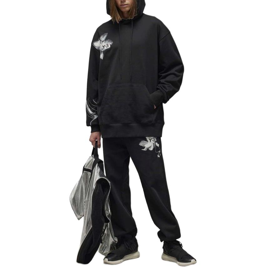 Details for Y-3 Floral Print Hoodie Black Long Sleeve Pullover Relaxed Fit IN4335