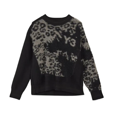 Y-3 FW22 Classic Big Logo Leopard Knit Crewneck Sweater Black . HN1977