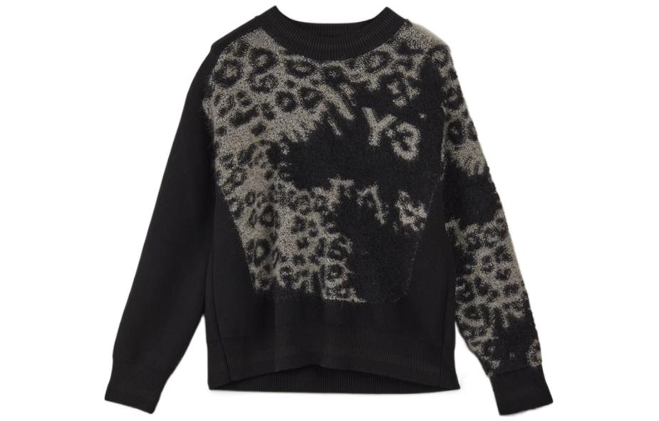 Order Y-3 FW22 Sweater Hitam Logo Besar Leopard Knit Crewneck Klasik. HN1977