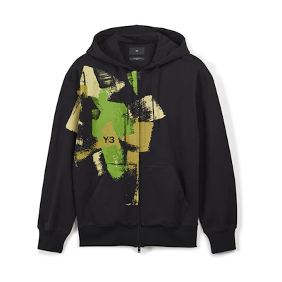 Y-3 Oversized Hoodie Jacket Black with Brushstroke Graffiti Print IP5580
