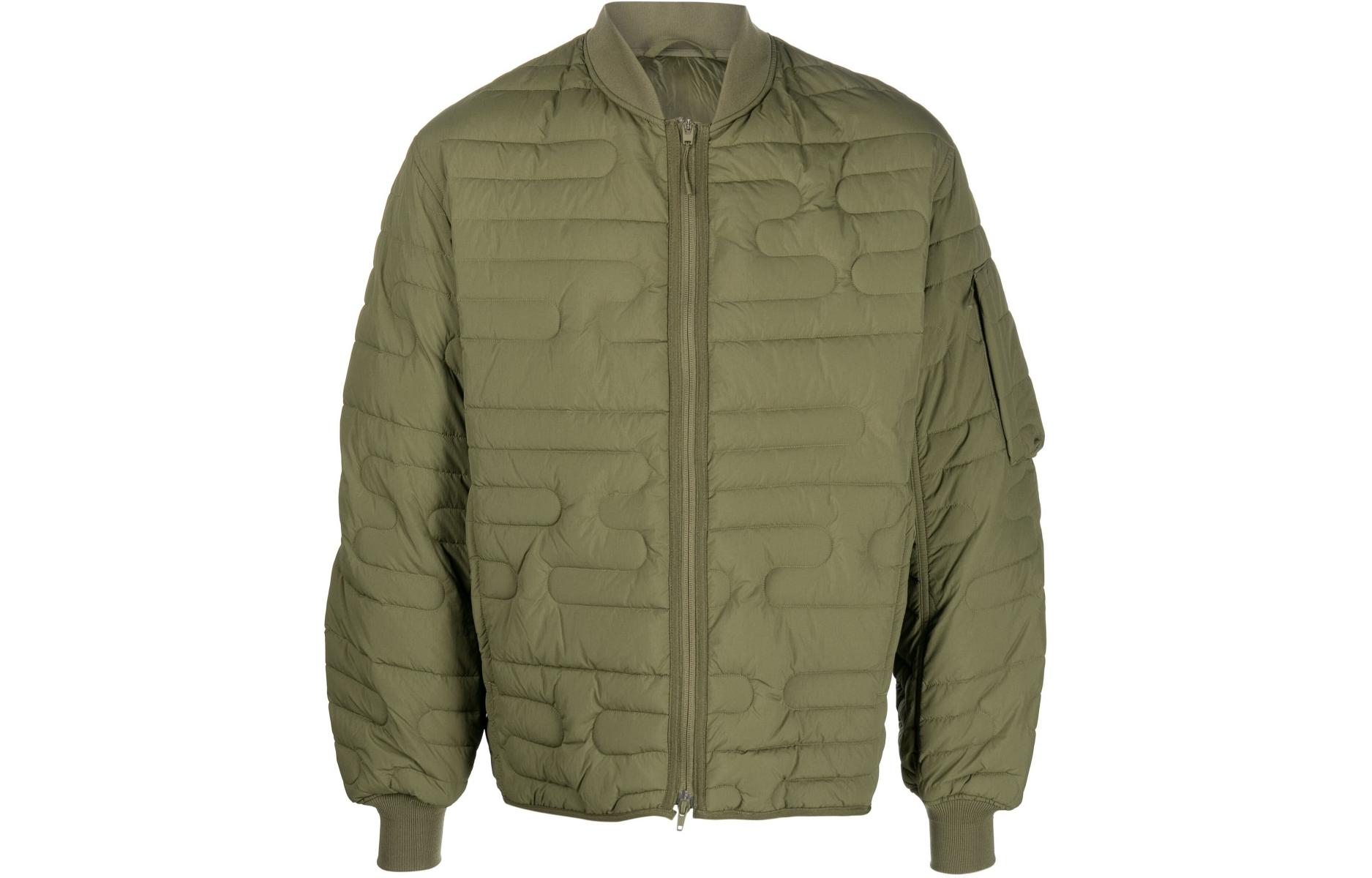 Y-3 Quilted Olive Green Bomber Jacket  Long Sleeve with Zip Closure. HT4478