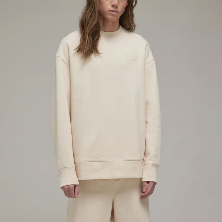 Shop Y-3 SS22 Beige Logo Print Crewneck Long Sleeve Pullover Sweatshirt HG6215