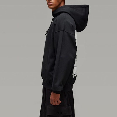 Y-3 SS25 Logo Print Drawstring Hoodie Unisex Black. JN4882 Details for Y-3 SS25 Logo Print Drawstring Hoodie Unisex Black. JN4882