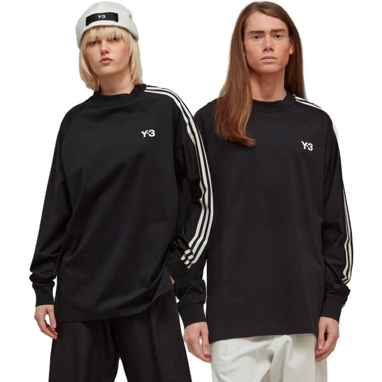 Lookbook Y-3 스트라이프 로고 긴팔 유니섹스 티셔츠 블랙 H44800