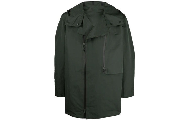 Y-3 Zip Pocket Solid Color Hooded Parka Coat Green for Men. HB3400