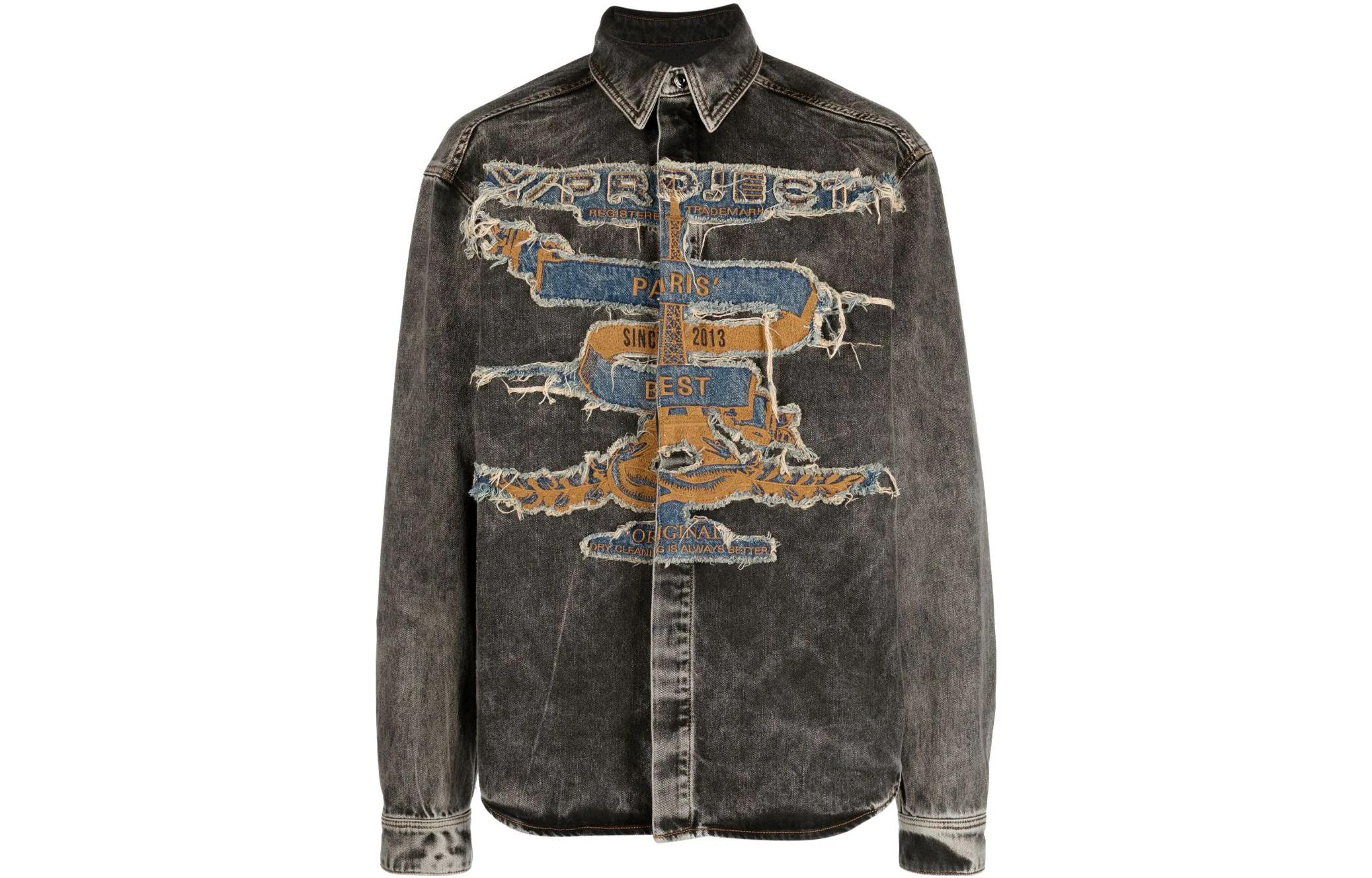 Y/Project  Distressed Denim Shirt with Logo Patch in Gray. 232893M192007