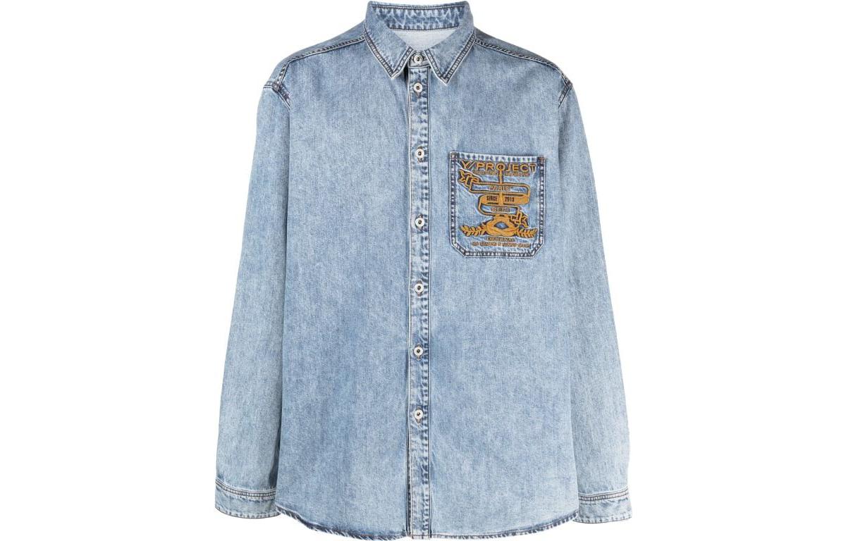 Y/Project FW23 Unisex Blue Distressed Logo Embroidered Denim Shirt. SHIRT69S25-BLUE