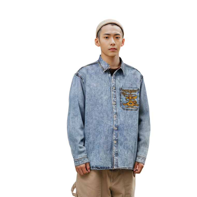 Details for Y/Project FW23 Kemeja Denim Logo Sulam Biru Distressed Unisex. SHIRT69S25-BLUE