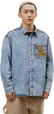 Y/Project FW23 Kemeja Denim Logo Sulam Biru Distressed Unisex. SHIRT69S25-BLUE Details for Y/Project FW23 Kemeja Denim Logo Sulam Biru Distressed Unisex. SHIRT69S25-BLUE